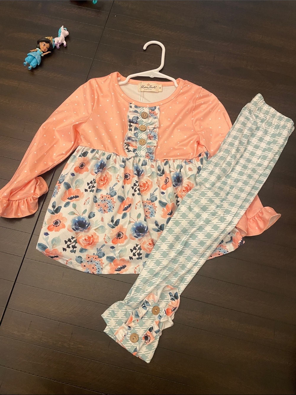 Girls Peach Floral Two-Piece Set with Mint Houndstooth Leggings